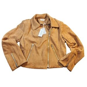 Reverof Women's‎ Large Faux Suede Brown Moto Biker Jacket Full Zip